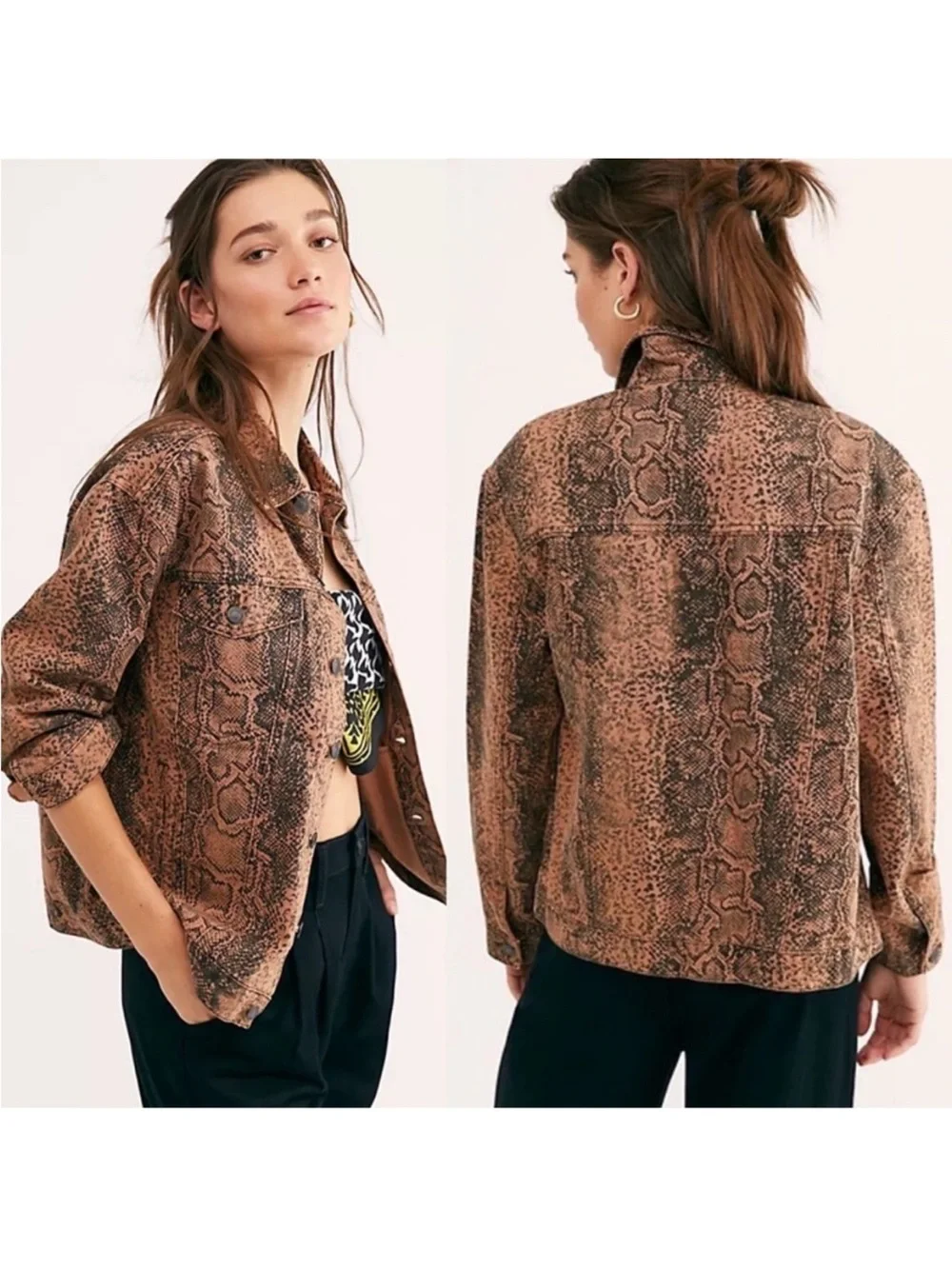 Free People jacket is a brown and black snake-printed denim jacket Size S - Picture 5 of 13